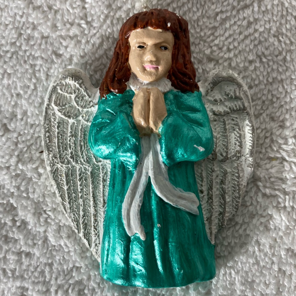 5/$35 Vintage Hand Painted Green Praying Angel Ceramic Christmas Tree Ornament